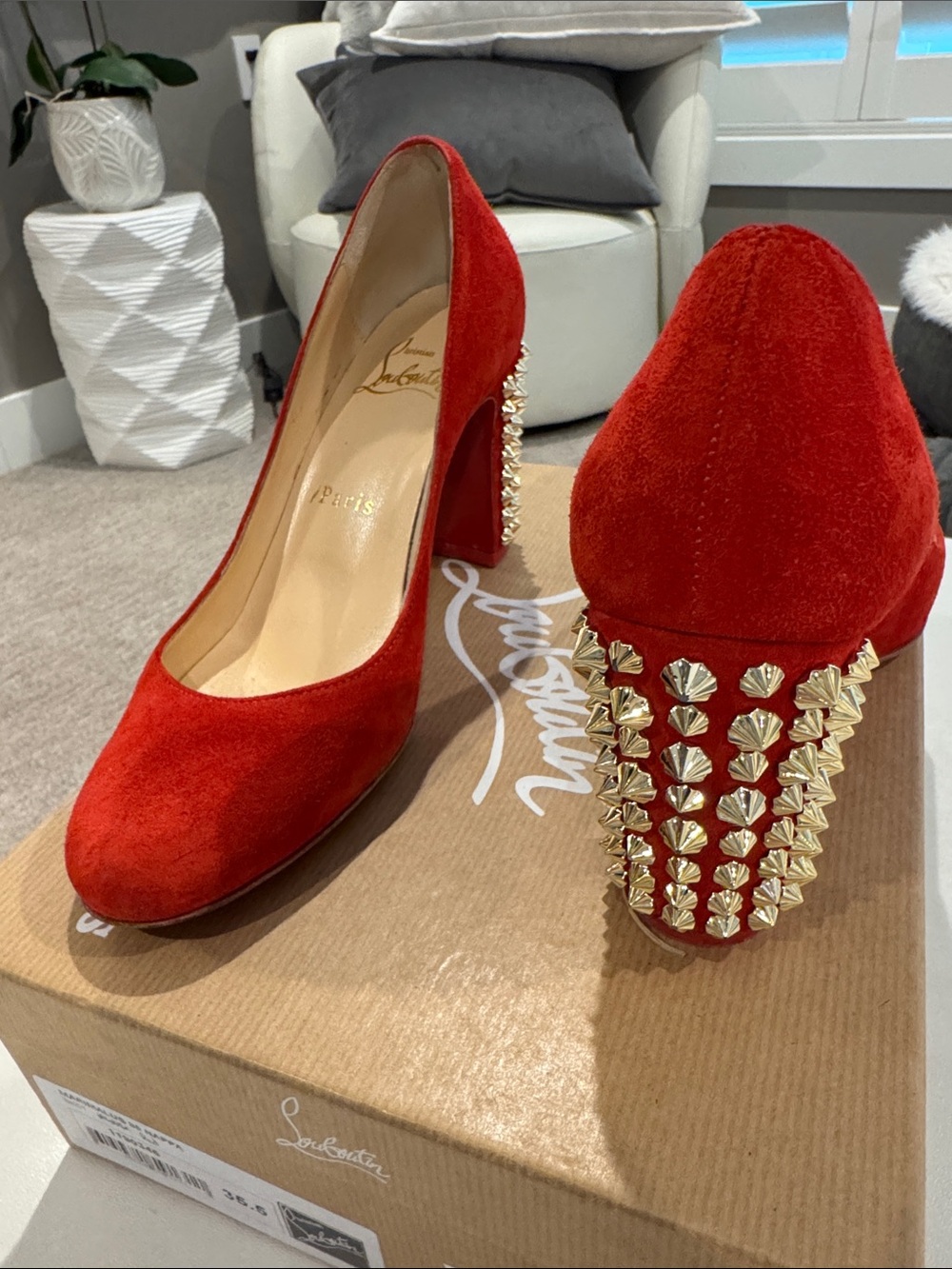 Christian Louboutin Red Suede Gold-Stud Block Heel Pumps